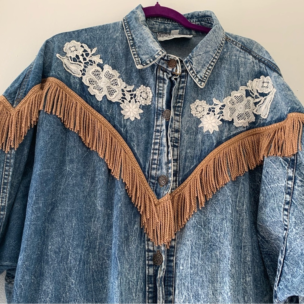 Rare 80s OOAK Vintage J Carreli Denim Acid Wash Tapestry Lace Fringe Jacket